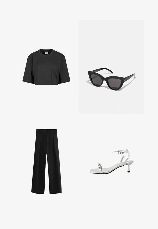 Rövid ujjú, relaxed fit fazonú, pamutból készült fekete cropped póló, bordázott kerek nyakkivágással. Nincs látható mintázat vagy díszítés.; Fekete, széles lábú nadrág magas derékkal, redőkkel és sima, szőtt textúrával. Puha anyagból készült a kényelem érdekében.; Ezüst színű, fényes magas sarkú szandál nyitott orral, vékony bokapánttal és kislábfejű sarokkal. Minimalista dizájn jellemzi, sima textúrával.; Fekete macskaszem napszemüveg matt felülettel, szürke árnyalatú lencsékkel, éles vonalakkal és karcsú oldalsó karokkal. A márkaneve látható a belső karon.