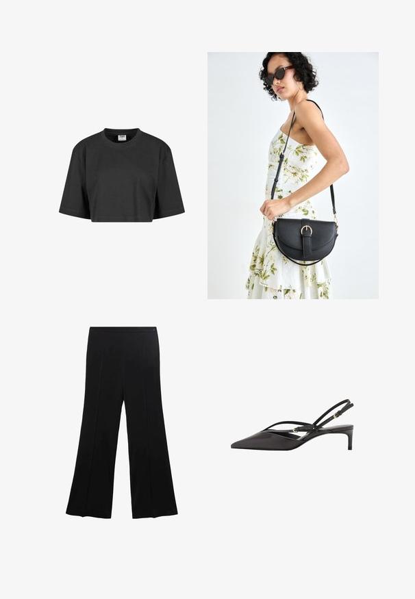 Camiseta negra recortada de algodón, con un corte holgado, mangas cortas y un escote redondo acanalado. Sin patrones ni acentos visibles.; Pantalones de pierna ancha negros, confeccionados en una tela suave, que presentan un frente plano con dos pliegues y una cinturilla sin herrajes visibles.; Zapatos de tacón negro de piel con punta afilada, cintas delgadas en el tobillo y un tacón stiletto bajo. Textura suave con diseño minimalista.; Bolso de piel negra con forma curva, correa desmontable y herrajes dorados. El bolso cuenta con una solapa con un detalle de hebilla.