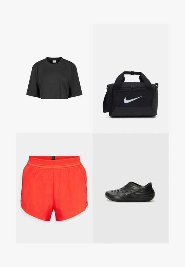 Trumpas juodas marškinėliai pagaminti iš medvilnės, su laisvu siluetu, trumpomis rankovėmis ir raukinėta apykakle. Nėra matomų raštų ar akcentų.; Raudoni sportiniai šortai, pagaminti iš lengvos medžiagos, turi elastinį juosmenį, šonines kišenes ir mažą juodą logotipą ant apačios.; Juodos slip-on klumpės, pagamintos iš lygaus plastiko, su išgaubtu dizainu, perforuotomis skylėmis viršuje ir subtiliu šoniniu logotipu.; Juodas sportinis krepšys su lygiu audiniu, dviem užtrauktukais užsegamais skyreliais, paminkštintomis rankenomis ir dideliu baltu Nike logotipu priekyje.