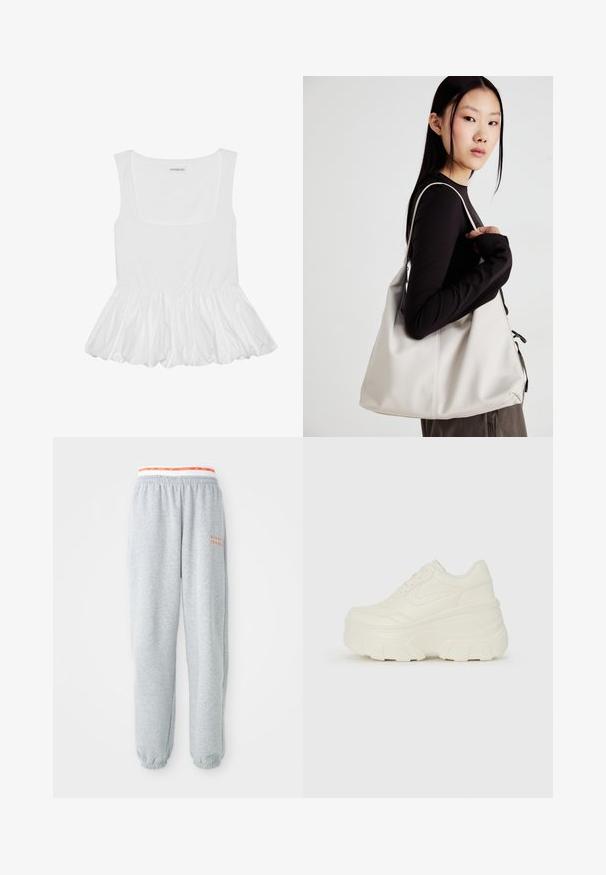 Valkoinen hihaton toppi, jossa on neliön muotoinen pääntie ja laskostettu, röyhelöinen helma. Valmistettu pehmeästä kankaasta, jossa on sileä pinta.; Harmaat collegehousut, joissa on joustava vyötärö ja punainen ja valkoinen Nike-logo. Hihnat nilkoissa, pehmeä kangas ja rento malli.; Valkoiset tasapohjakengät, joissa on sileä nahkamainen päällinen, pyöristetty muoto, pehmustettu nilkkaosa ja texturoitu kumipohja, jossa on hyvin määritellyt urat.; Beige laukku, joka on valmistettu pehmeästä materiaalista, ja siinä on rento muotoilu, ommeltu yksityiskohtia ja kaksi olkahihnaa. Sopii päivittäiseen käyttöön.