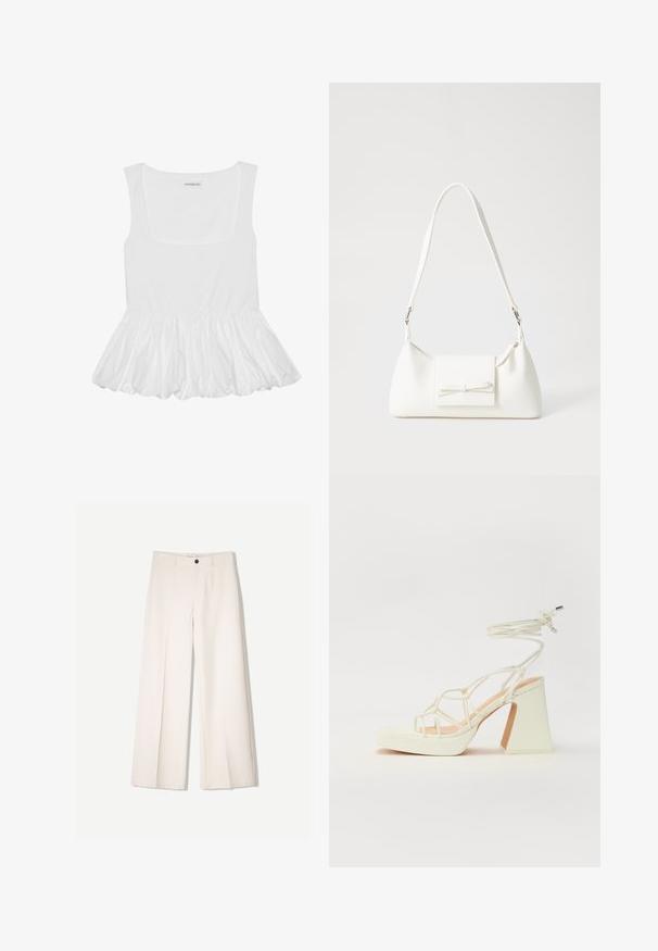 Fehér ujjatlan felső négyzet alakú dekoltázzsal, gyűrött, fodros alsó rész jellemzi. Puha anyagból készült, sima tapintással.; Tejbézs széles lábú nadrág, szabott kialakítással, két elülső zsebbel és egyetlen elülső gombos záródással, sima anyagból készült.; Fehér, magassarkú szandál vastag sarokkal, pántos dizájnnal és bokapánttal. Sima textúra, elülső platformmal a megnövelt magasság érdekében.; Fehér szintetikus kézitáska, háromszög alakú, lapos előlap, masni részlettel, állítható pánttal, sima textúrával és minimalista dizájnnal.