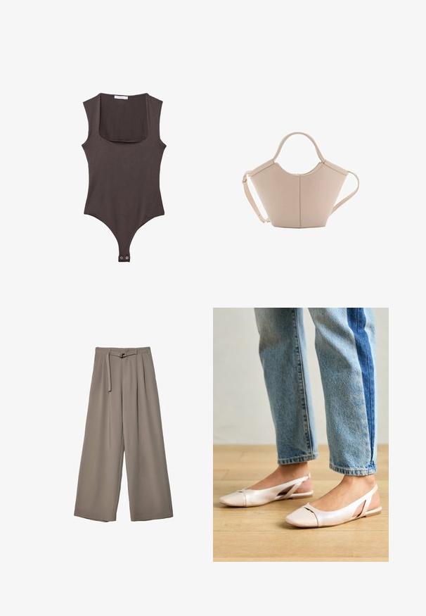 Brun ærmeløs bodysuit med firkantet hals, lavet af blødt stof. Har en snap-lukning i bunden og en tætsiddende silhuet.; Vide ben bukser i et blødt, afdæmpet grå stof, med en bælte i taljen og plisseringer for ekstra designdetalje. Glat tekstur, ingen mønstre.; Lyserøde slingback flade sko med spidse tær, lavet af et glat læderlignende materiale. Har udskæringsdetaljer på siderne og en flad hæl.; Lysebrun læderhåndtaske med en unik form, featuring to korte håndtag og et langt justerbart rem. Glat tekstur med minimal hardware.