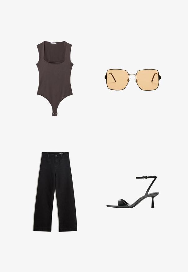 Body marrone senza maniche con scollatura quadrata, realizzato in tessuto morbido. Presenta una chiusura con snap nella parte inferiore e una silhouette aderente.; Pantaloni in denim neri a gamba larga con vita alta, dotati di tasche anteriori e posteriori, cuciture a punto, e chiusura con bottone. Texture liscia.; Bershka Sandali con tacco - black; Occhiali da sole quadrati con lenti marroni e una sottile montatura in metallo nero. Presentano tempie angolari e naselli regolabili per il massimo comfort.; Borsa in pelle beige con una forma unica, caratterizzata da due manici corti e una lunga tracolla regolabile. Texture liscia con hardware minimale.