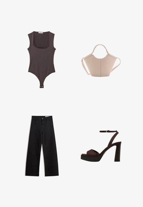 Brauner schulterfreier Body mit quadratischem Ausschnitt, aus weichem Stoff gefertigt. Verfügt über einen Druckknopfverschluss am Boden und eine taillierte Silhouette.; Schwarze weit geschnittene Jeans mit hoher Taille, ausgestattet mit Vorder- und Hintertaschen, gesteppten Nähten und einem Knopfverschluss. Glatte Textur.; Braune Wildleder-Pumps mit offenem Zeh, verstellbarem Knöchelriemen und gestreiftem Plateausohlen.; Beige Lederhandtasche mit einer einzigartigen Form, die zwei kurze Henkel und einen langen verstellbaren Riemen aufweist. Glatte Textur mit minimalen Hardware-Elementen.