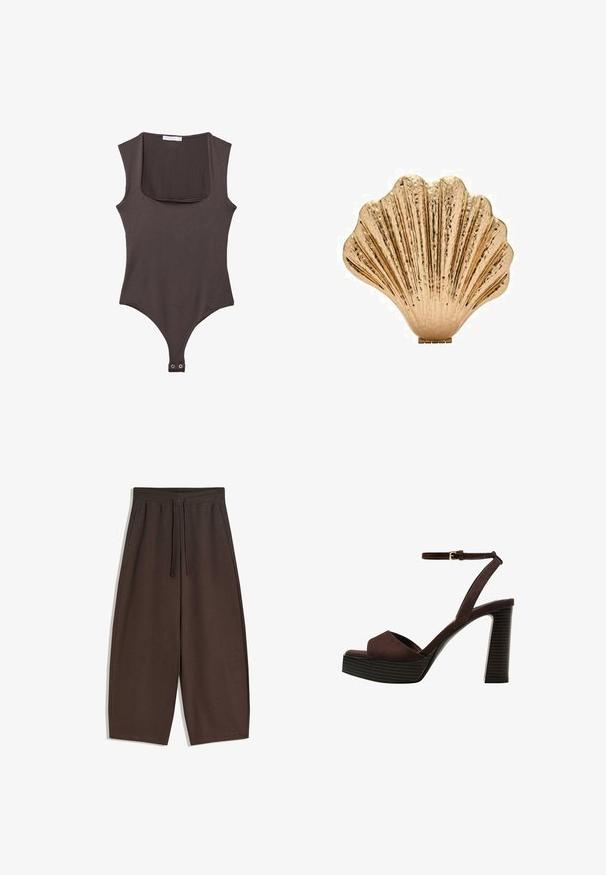 Bodysuit sans manches marron avec un col carré, fabriqué en tissu doux. Comprend une fermeture à pression en bas et une silhouette ajustée.; Pantalon marron à jambes larges en tissu doux, doté d'une taille élastique avec cordon de serrage, à la texture lisse et au design épuré.; Sandale à talons hauts en suede marron avec un bout ouvert, une bride de cheville réglable et une semelle de plateforme rayée.; Pièce décorative en forme de coquillage de couleur or, avec une surface texturée et un design strié, dotée d'une base plate pour la stabilité.