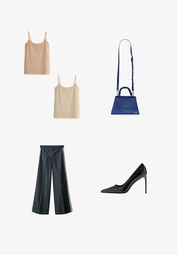 Două topuri fără mâneci în nuanțe de bej deschis. Fiecare are bretele subțiri, un decolteu rotunjit și un material moale, texturat. Unul este ușor mai închis decât celălalt.; Pantaloni jeans cu picioare largi, într-o nuanță închisă, cu pliuri frontale și dungi laterale albe contrastante pentru un plus de detaliu.; Pantofii cu toc stiletto din piele patent neagră au vârful ascuțit și o textură netedă, lucioasă; toc înalt și subțire; design minimalist.; Geantă de umăr din piele sintetică albastră, cu o formă triangulară, mânere de sus și curea de umăr ajustabilă. Dispune de o textură netedă și detalii cu clapetă frontală.