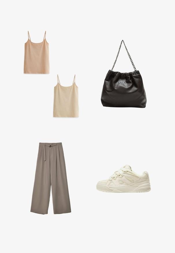 Två linnen i ljusa beige nyanser. Var och en har tunna axelband, en rundad halsringning och ett mjukt, texturerat tyg. Det ena är något mörkare än det andra.; Breda byxor i ett mjukt, dämpat grått tyg, med belagd midja och veck för extra designdetaljer. Slät textur, inga mönster.; Beiga sneakers med en strukturerad ovandel, framträdande snören, nätpaneler och en tjock sula. Snygg design med en vadderad krage för komfort.; Brun läderväska med rynkad topp och kedjesnodd. Slät textur med en blankslipad yta och subtila sömdetaljer på sidorna.