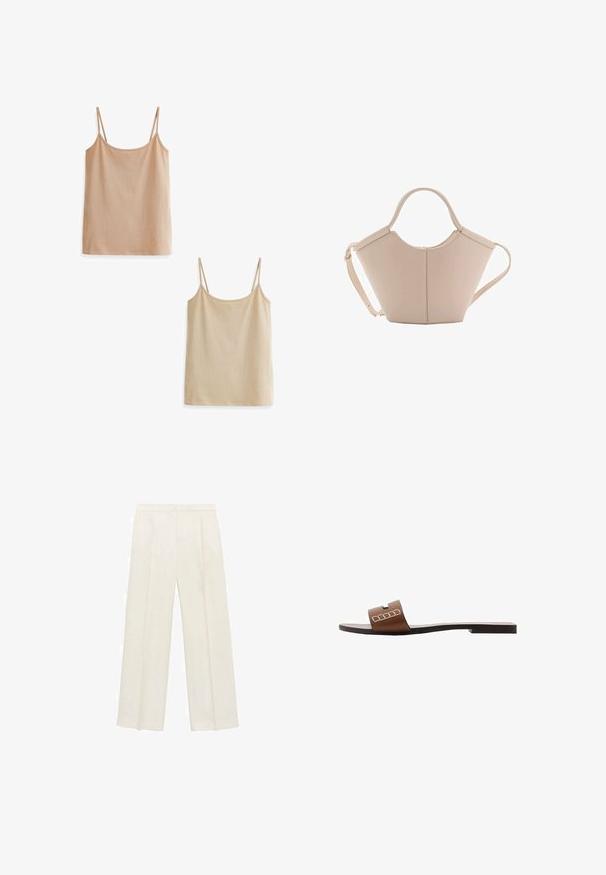 Dvě tílka v světlých béžových tónech. Každé má tenké ramínka, zaoblený výstřih a měkkou, texturovanou tkaninu. Jeden je mírně tmavší než druhý.; Kalhoty s širokými nohavicemi v světle krémové barvě. Vyrobené z hladké tkaniny s záhyby vpředu a bočními kapsami.; Hnědé kožené skluzné sandály s plochou podrážkou, které mají široký pásek a bílé geometrické akcenty pro minimalistický design.; Beige kožená kabelka s jedinečným tvarem, vybavená dvěma krátkými uchy a dlouhým nastavitelným popruhem. Hladká textura s minimem kovových doplňků.