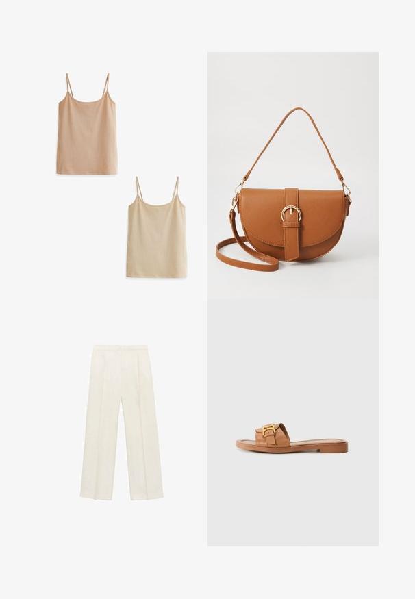 Dva tank topi v svetlo bež odtenkih. Oba imata tanke naramnice, okrogel izrez in mehak, teksturiran material. Eden je nekoliko temnejši od drugega.; Hlače širokih nogavic v svetli kremni barvi. Narejene iz gladkega materiala s plitkimi naborki spredaj in stranskimi žepi.; Rjava usnjena zapestnica s širokim pasom, zlatimi detajli, ravnim podplatom in minimalističnim dizajnom. Primerna za vsakodnevno nošenje.; Rjava usnjena torbica prek telesa s ukrivljeno obliko, zlate opreme in sponko. Ima odstranljiv naramni trak.