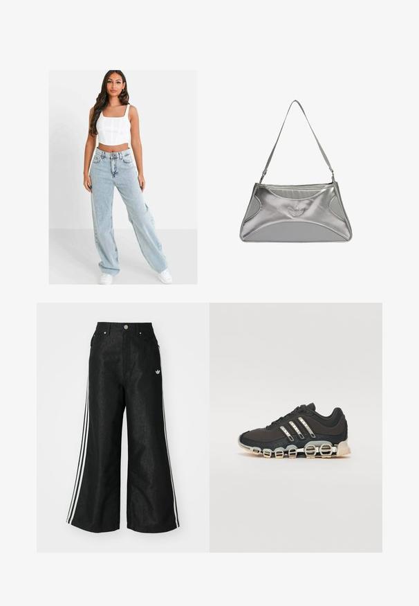 Hellblaue weite Jeans mit hoher Taille, ausgestattet mit einem Knopfverschluss und fünf Taschen, kombiniert mit einem weißen, cropped Oberteil.; Schwarze, weit geschnittene Jeans mit drei weißen Streifen an jeder Seite und einem kleinen weißen Logo. Mit vorderen Taschen und einem Knopfverschluss.; Schwarzer Sportschuh mit einer strukturierten Oberseite, drei silbernen Streifen und einer markanten Dämpfungssohle mit mehreren integrierten Sektionen.; Silberne metallische Handtasche mit einem schlanken, strukturierten Design, das einen strukturierten Körper, einen Schultergurt und ein geprägtes Logo-Detail aufweist.