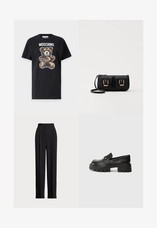 Black cotton t-shirt featuring a teddy bear graphic in brown and white, with "MOSCHINO" text above the bear. Short sleeves and relaxed fit.; Black tailored trousers with a high waist, featuring pleats at the front, a straight leg design, and a cuffed hem. Made from smooth fabric.; Black leather loafers with a chunky sole, featuring a gold-tone accent on the front and a smooth finish. Chunky tread design on the sole.; Black leather crossbody bag with two front pockets, gold buckles, zipper closure, and a slim strap. Textured surface and compact rectangular shape.