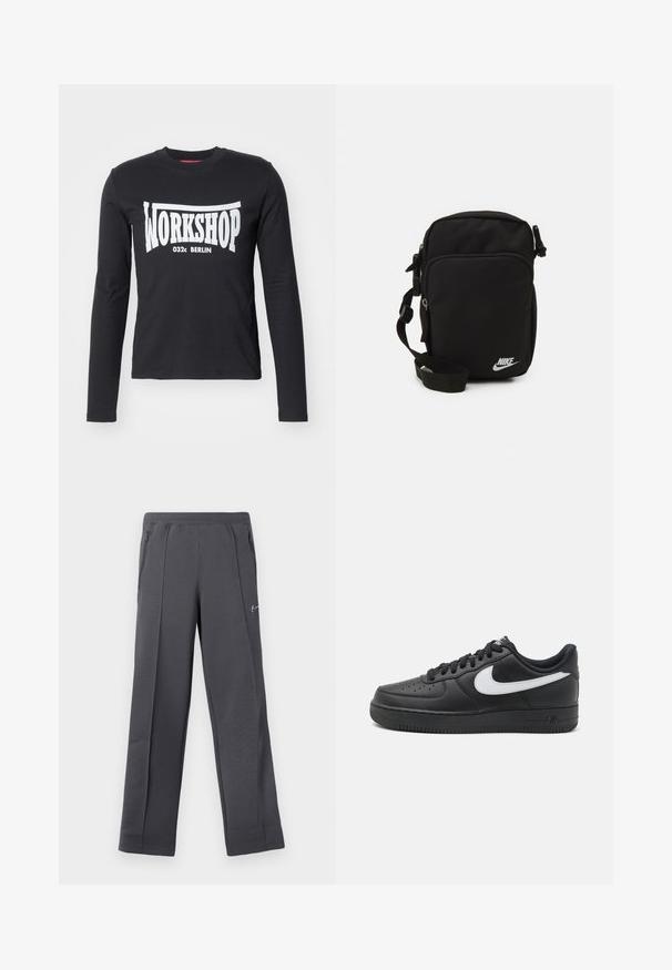 Svart langermet T-skjorte laget av bomull, med et stort hvitt "WORKSHOP 032c BERLIN"-grafikk på forsiden. Glatt tekstur, rund hals.; Grå joggebukser laget av teksturert stoff med løs passform, med sidelommer med glidelås og en liten logo foran.; Svarte Nike Air Force 1-sneakers med overdel i glatt lær, hvit logoaccent, perforert tå og teksturert gummisåle.; Svart nylon crossover-veske med justerbar stropp, glidelåslommer og en hvit Nike-logo foran. Glatt tekstur, rektangulær form.