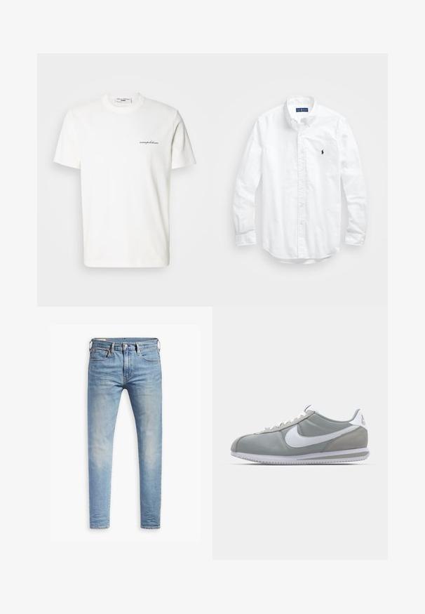 White cotton t-shirt with a round neckline and short sleeves. Features a small black logo text on the left side of the chest.; White long-sleeve button-up shirt in cotton. Features a classic collar, button cuffs, and a small navy embroidered logo on the chest.; Light blue slim-fit jeans with slight fading on thighs, front button closure, belt loops, and five-pocket styling on a white background.; Gray athletic shoe with a suede and textile upper, white Nike swoosh, and white laces. Features a textured rubber sole and padded collar.