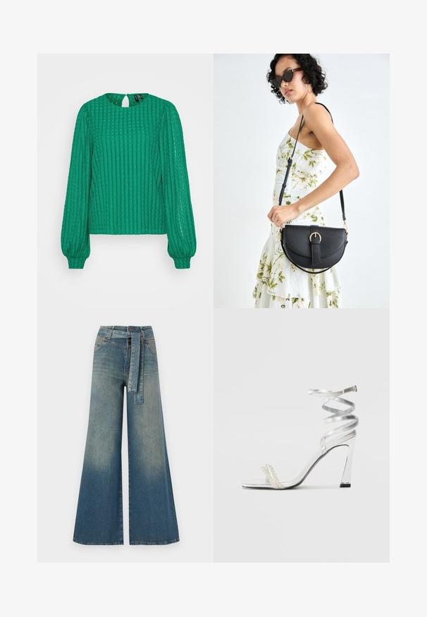 Zelena rebrasta bluzica s dugim, napuhanih rukavima i okruglim izrezom. Ima otvaranje s ključanom rupom na leđima, izrađena je od teksturiranog materijala.; Široke traperice s gradijentom od svijetloplave do tamnoplave, visokog struka, petljama za remen i remenom od istog materijala. Teksturirana traper tkanina.; Srebrna sandala na visokoj potpetici s sjajnim dizajnom trake, s akcentom nalik biseru i spiralnom trakicom za gležanj radi sigurnog držanja.; Crna kožna torba s lukovitim oblikom, odvojivim remenom i zlatnim detaljima. Torba ima preklop s kopčom.