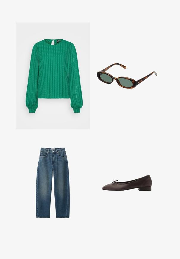 Zelena rebrasta bluzica z dolgimi napihnjenimi rokavi in okroglo izrezom. Ima odprtino na hrbtu v obliki ključavnice, izdelana je iz teksturirane tkanine.; Temno modri denim kavbojki s ravnimi hlačnicami, pet žepi in klasičnim gumbom za zapiranje. Mehka tekstura z rahlo zbledelostjo.; Rjave usnjene balerinke z zaobljenim nosom in majhnim blokastim peto. Opremljene so z tanko pentljo spredaj in subtilnimi šivi.; Žirafne sončna očala z ovalnimi okvirji in zelenimi lečami. Imajo tanke ročice z metalnim poudarkom blizu tečajev.; Tkana rumena torba z ukrivljenim ročajem in neurejeno obliko. Teksture površine odlikuje križast vzorec po celotni torbi.