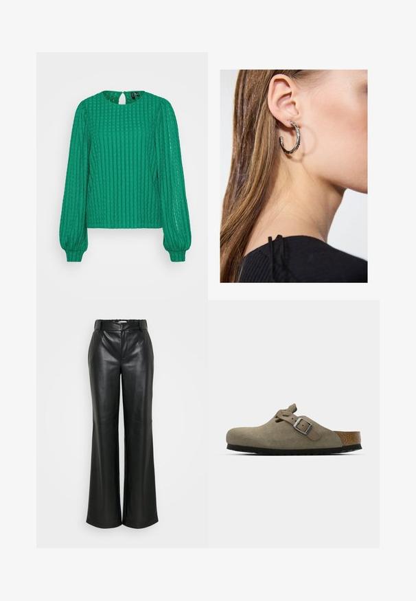 Roheline ribadega pluus pikendatud puff-sleevedde ja ümmarguse kaelusega. Omab võtmeauguga seljaosa avamist, valmistatud tekstureeritud kangast.; ONLY Tall ONLSMOOTH WIDE - Püksid - black; Nahatise nahkkingad heledas oliivrohelises värvitoonis, millel on vormitud kork ja kummitald. Omab külgrihma koos metallist pandlaga ning ümarat nina.; Hõbedane rõngas kõrvarõngas poleeritud viimistlusega, millel on väikesed kuldsed aktsendid ja ümmargune kuju, kantud lobus.