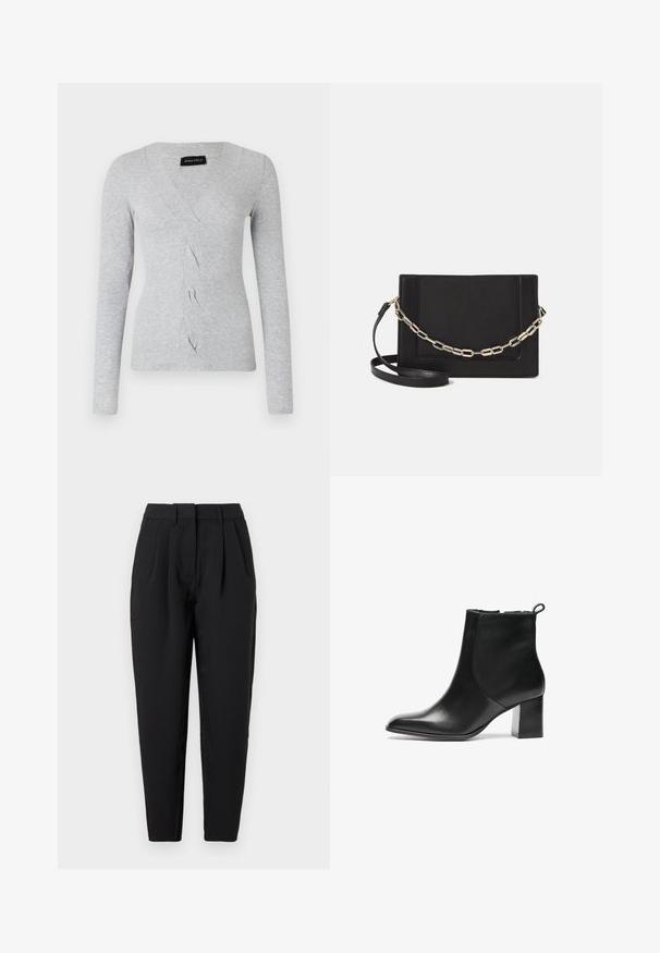 Gray long-sleeve cardigan with a V-neck, featuring a ribbed texture and twisted front detail. Made of soft fabric. Labels at the neckline.; Black trousers with a straight fit, featuring pleats at the front, a smooth texture, and side pockets. The waistband is standard height.; Black leather ankle boot with a rounded toe, a mid-height block heel, and a pull tab at the back. Smooth texture, minimal design.; Black leather crossbody bag featuring a smooth texture, rectangular shape, and a metallic chain detail on the front. Adjustable strap included.
