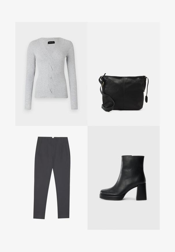 Hallhalline pikaa varrukatega kardigan V-kujuline kaelus, millel on ribakude ja keerduv esitugi. Valmistatud pehmest kangast. Siltidega kaeluses.; Tumed hallid kitsad püksid küljetaskute ja esikortsudega, loodud kohandatud istuvuse jaoks.; Must musta ankle boot, milleplokk-konts ja platvormi tallaga, vaadatud küljelt ühetoonilise valge tausta peal.; Must värvi nahast ristiõlakott, millel on lame kuju, kuldne metallist detailide aktsent ja reguleeritav rihm. Sile tekstuur väheste õmblusdetailidega.