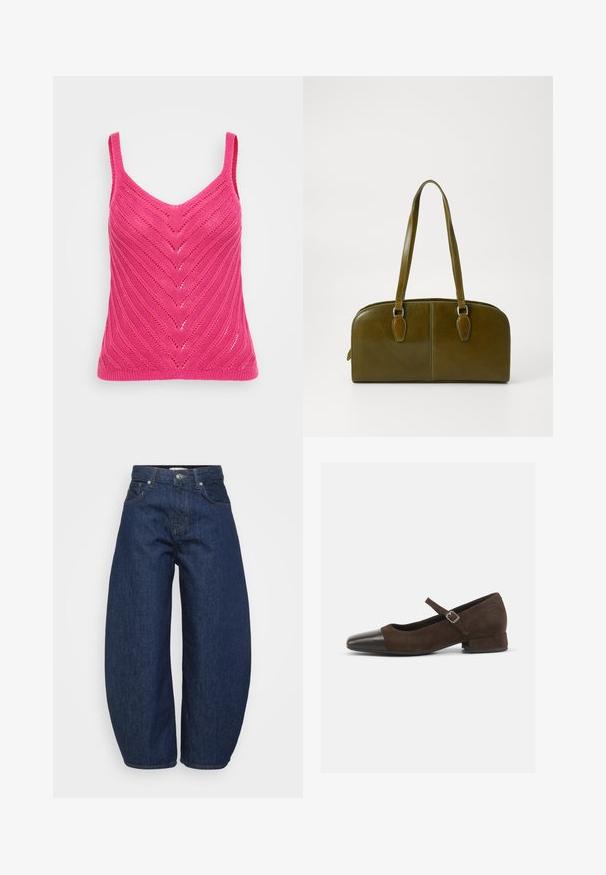 Fuksijas krāsas adīts topiņš ar V veida izgriezumu un zigzaga rakstu, ar šaurām plecu siksnām un teksturētu apdari.; Tumši zili džinsa džinsi ar plašu, vaļīgu pieguļošanu. Ir rāvējslēdzēja aizdare, četri kabatas un kontrastējošas šuves gar šuvēm.; Brūni zamšādas Mary Jane apavi ar melnu lakotu purngalu, regulējamu siksniņu un zemu blokveida papēdi. Gluda tekstūra ar minimāliem akcentiem.; Olive zaļš ādas rokassomu ar noapaļotu formu, divām rokturiem un bezšuvju priekšpusi. Iezīmējas ar gludu tekstūru un smalkiem šuvju akcentiem.; Sudraba auskars ar pulētu apdari, ar maziem zelta akcentiem un apaļu formu, uz ausu ļipiņas.