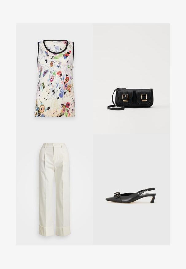 Top sans manches à imprimé floral crème, présentant des couleurs vives, un liseré noir et une texture douce. Le design inclut des motifs floraux variés et des motifs abstraits.; Pantalons blancs ajustés au taille haute, avec de doubles plis devant et des jambes larges à ourlets repliés. Fabriqués en un tissu lisse et texturé.; Chaussure slingback en cuir noir avec un bout pointu, un petit talon et un détail de boucle décoratif sur le dessus. Texture lisse, design minimaliste.; Sac en cuir noir porté en travers avec deux poches avant, boucles dorées, fermeture zippée et une sangle fine. Surface texturée et forme rectangulaire compacte.