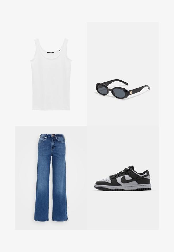 Canotta bianca realizzata in tessuto liscio, con scollatura rotonda e spalline larghe. Design semplice senza motivi o accenti visibili.; Jeans in denim blu medio a vita alta, con gamba larga, chiusura a bottoni e zip, e tasche anteriori e posteriori, su sfondo grigio chiaro uniforme.; Sneaker basse Nike Dunk in nero e grigio con punta forata, dettagli in pelle liscia e suola in gomma con pattern testurizzato.; Occhiali da sole ovali neri con lenti scure, montatura in plastica lucida, aste larghe e un piccolo accent in oro su un lato.