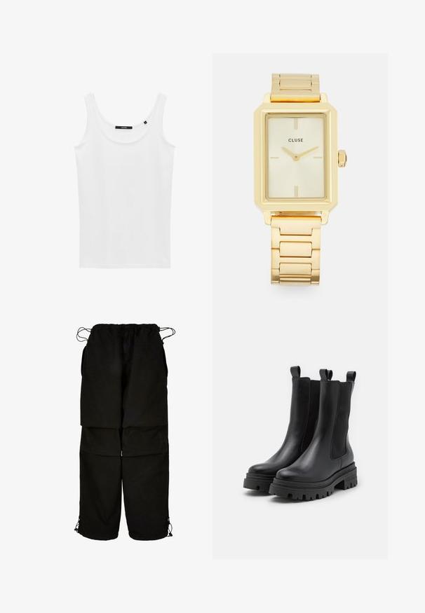 Canotta bianca realizzata in tessuto liscio, con scollatura rotonda e spalline larghe. Design semplice senza motivi o accenti visibili.; Pantaloni neri realizzati in tessuto leggero, con vita regolabile e orli con cordoncino. Progettati con una vestibilità ampia e diverse tasche.; Stivaletti neri in pelle con pannelli elastici sui lati e linguette di trazione. Suole in gomma spessa con profondi disegni di battistrada per una maggiore aderenza.; Orologio da polso rettangolare dorato con design minimalista, caratterizzato da un quadrante crema, lancette dorate e un bracciale a maglie metalliche. Le indicazioni includono il nome del marchio.