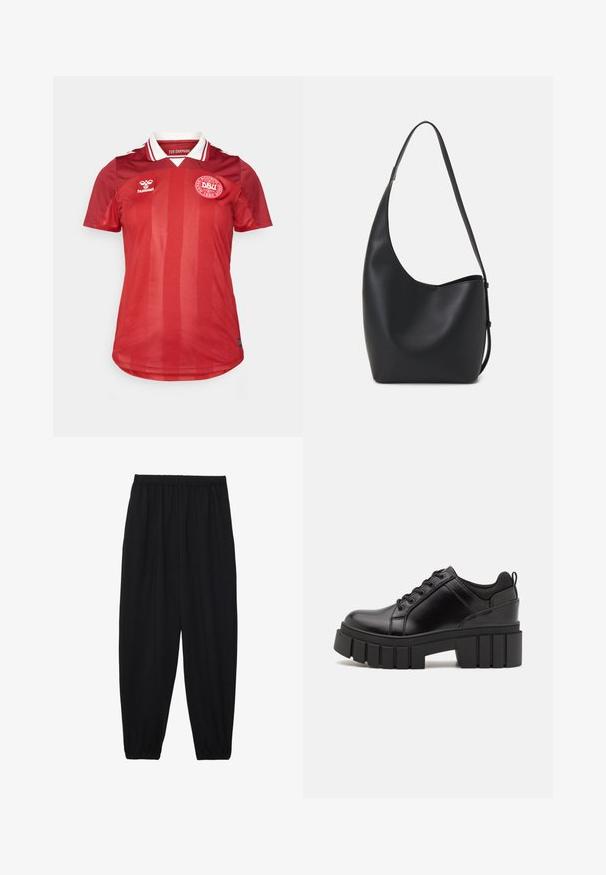 Červená futbalová dres s vertikálnymi pruhmi, krátkymi rukávmi, bielym golierom a logom DBU. Vyrobený z ľahkého materiálu, vhodného na šport.; Čierne, ľahké nohavice s elastickým pásom a zúženými nohavicami. Tkanina je hladká a má voľný, zúžený strih.; Čierne kožené platformy s masívnym blokovým podpätkom, okrúhlou špičkou a tradičným šnurovaním. Má hladký povrch a minimálne detaily.; Čierna kožená hobo taška so hladkou textúrou, zakriveným tvarom a jedným nastaviteľným popruhom; má široké otvorenie na vrchu.