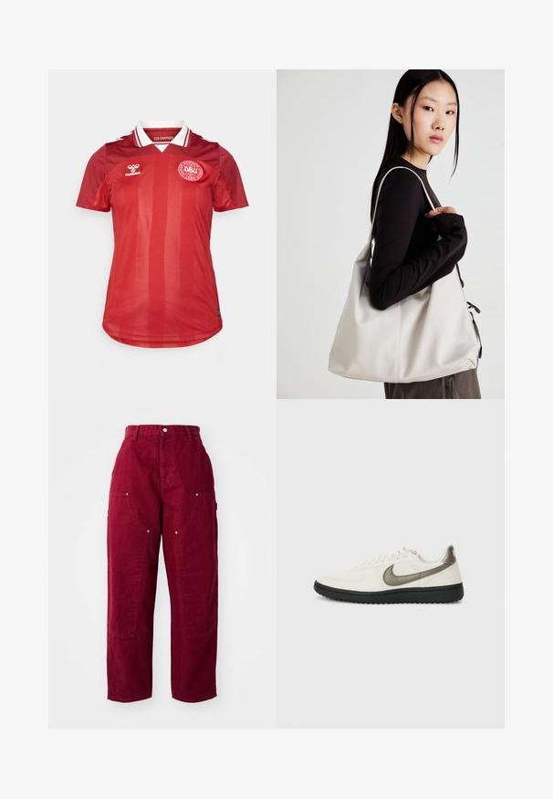 Czerwona koszulka piłkarska z pionowymi paskami, krótkie rękawy, biały kołnierzyk i logo DBU. Wykonana z lekkiego materiału, odpowiednia do sportów.; Burgundowe spodnie szerokie wykonane z bawełny, z dwiema dużymi bocznymi kieszeniami, zapięciem na guzik oraz luźnym krojem z widocznymi detalami szycia.; Nike Sportswear - Sneakersy niskie; Beżowa torebka wykonana z miękkiego materiału, charakteryzująca się luźnym fasonem, wyszywanymi detalami i dwoma uchwytami na ramię. Idealna na co dzień.