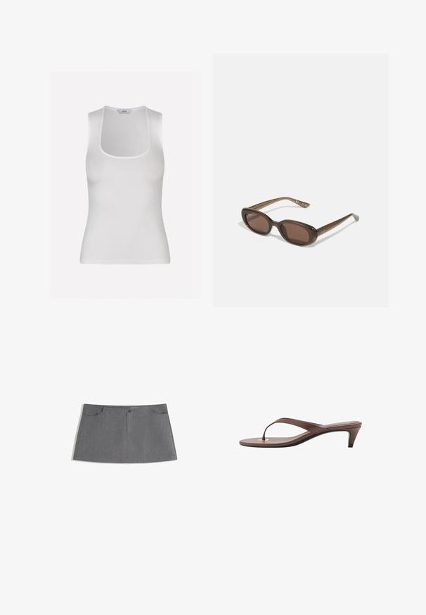 Envii MARTA TEE - Top - white; Grauer Rock mit geradem Schnitt, zwei Vordertaschen, einer Frontknopfleiste und einem dezenten Texturmuster.; Braune, mit Absatz versehene Flip-Flop-Sandale mit einem schmalen Riemen und abgerundetem Zehensteg, der ein kleines goldfarbenes Akzent auf dem Fußbett aufweist.; Braune ovale Sonnenbrillen mit dunklen Gläsern. Das Gestell besteht aus einem transparenten braunen Material und hat ein auf den Bügeln aufgedrucktes Logo.; Tasche aus braunem Wildleder mit zwei langen Griffen, rechteckiger Form und dekorativer Naht. Verfügt über einen seitlichen Riemen und subtile goldene Hardwareakzente.