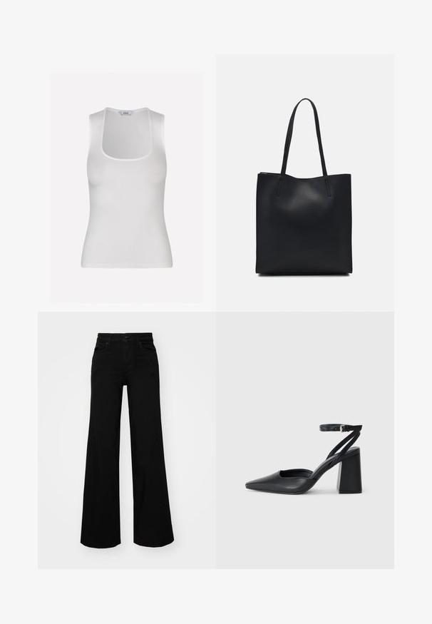 Envii MARTA TEE - Μπλούζα - white; Μαύρο παντελόνι με φαρδιά μπατζάκια από τζίν, με δομημένη μέση, θηλιές ζώνης και μπροστινές τσέπες. Λείος υφασμάτινος σχεδιασμός με κλασική εμφάνιση.; Μαύρο δερμάτινο ψηλοτάκουνο παπούτσι με οξύ μυτερό τόξο, λουράκι στον αστράγαλο και χοντρό τακούνι. Λείος υφασματισμός, κομψός σχεδιασμός και μινιμαλιστική αισθητική.; Μαύρη δερμάτινη τσάντα tote με λείο υφή, ορθογώνιο σχήμα και δύο μακριές λαβές. Χωρίς ορατό υλικό ή διακοσμητικά στοιχεία.
