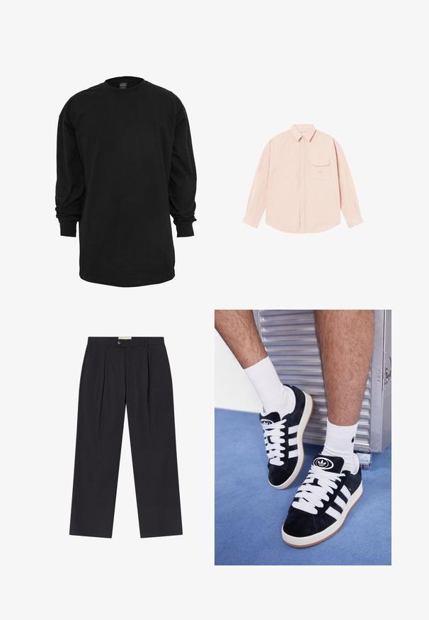 Sort langærmet t-shirt lavet af bomuld. Har en rund halsudskæring og almindelig pasform. Glat tekstur uden synlige mønstre eller detaljer.; Lys pink langærmet skjorte lavet af blødt stof, med krave der kan lukkes med knapper, frontlomme og diskret broderet logo på brystet.; Skræddersyede mørkeblå bukser med høj talje, to fork gasper, knaplukning og lige ben i glat stof.; Sorte ruskinds sneakers med hvide snørebånd og tre hvide striber. Har et rundt sort logo på tungen og en gummigummisål.