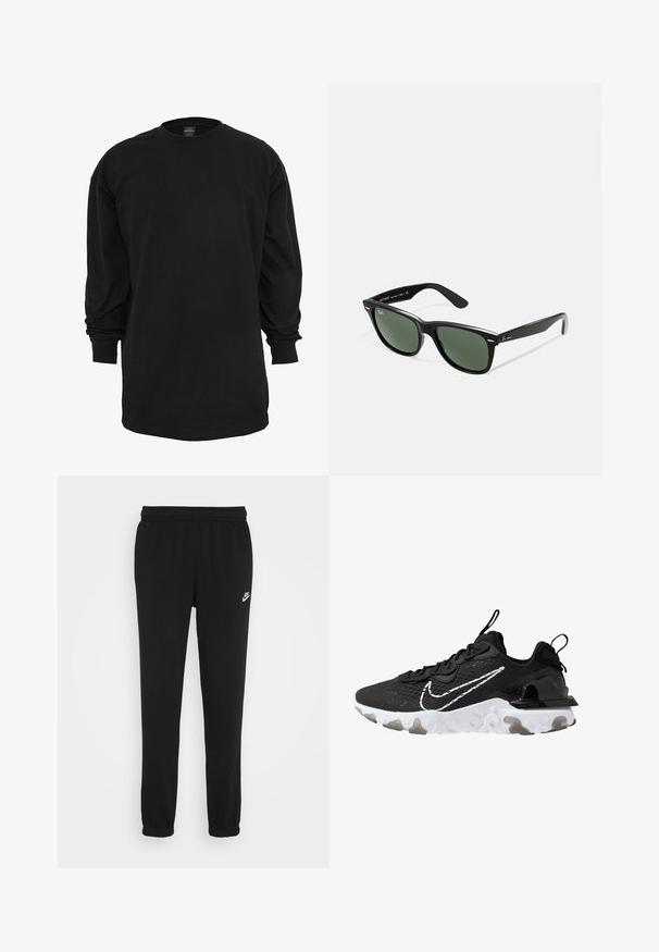 T-shirt nero a maniche lunghe realizzato in cotone. Presenta un colletto rotondo e una vestibilità regolare. Texture liscia senza motivi o accenti visibili.; Pantaloni da jogger neri con vita elasticizzata, polsini alle caviglie e un piccolo logo Nike bianco sul lato sinistro. Realizzati in un morbido tessuto testurizzato.; Scarpa sportiva nera con tomaia in tessuto testurizzato, il logo Nike bianco e una suola spessa bianca. Presenta un occhiello sul tallone per indossarla facilmente.; Occhiali da sole in plastica nera con lenti verdi, montatura quadrata, dettaglio argento sulla parte superiore e steli con texture. Marchio indicato sulla parte interna dello stelo.