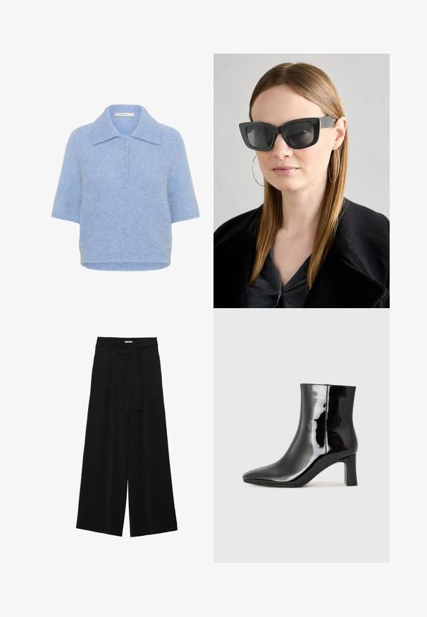 Világoskék, rövid ujjú kötött felső, gallérral és öt gombos gombolással. Puha textúra, enyhén bő szabással és bordázott aljjal.; Fekete, bő szárú nadrág, texturált anyagból, rugalmas derékpánttal és levehető sállal a derekán, amely állítható illeszkedést biztosít.; Fekete lakk bőrcipő bokáig érő, hegyes orral és közepes magasságú tömbsarokkal. Simább textúrával és minimalista dizájnnal rendelkezik.; Fekete macskaszem napszemüveg sötét lencsékkel, vastag kerettel és diszkrét díszítésekkel. Fekete kabátot és szürke felsőt visel, hosszú egyenes hajjal.