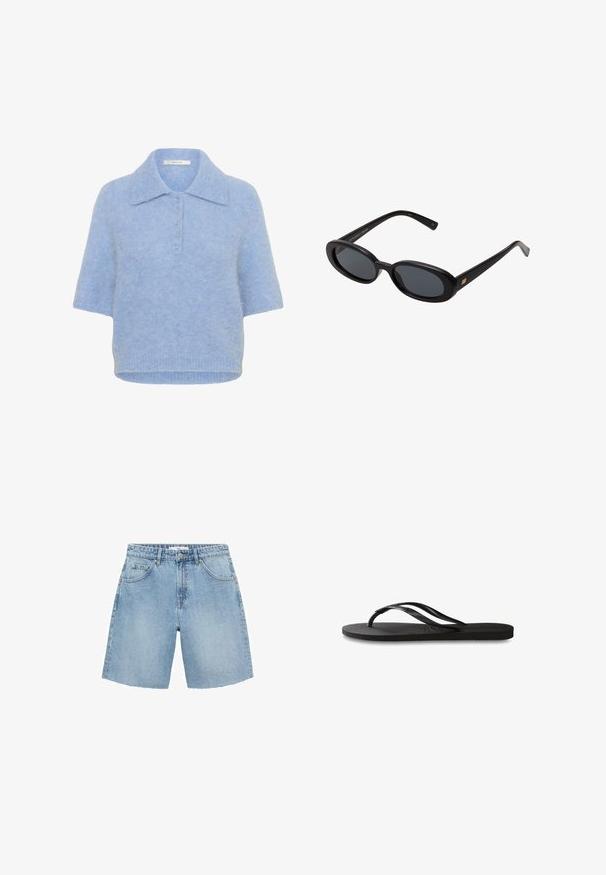 Světle modrý pletený top s krátkým rukávem, límečkem a zapínáním na pět knoflíků. Měkká textura s mírně širokým střihem a žebrovaným lemem.; Světle modré džíny s vysokým pasem, dvěma předními kapsami a roztrhaným lemem. Disponují klasickým designem s minimem kovových detailů.; Černé žabky s texturovanou gumovou podrážkou, dvěma štíhlými popruhy a jemným, embosovaným logem na popruhu.; Černé oversized sluneční brýle s oválnými čočkami, hladkým plastovým rámem a zlatými akcenty na spáncích. Tmavé čočky poskytují ochranu před sluncem.