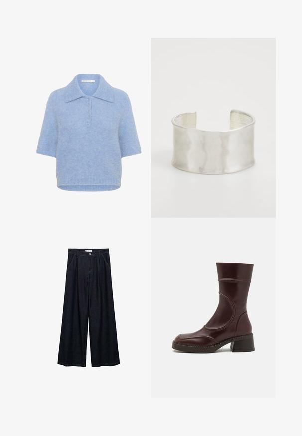 Světle modrý pletený top s krátkým rukávem, límečkem a zapínáním na pět knoflíků. Měkká textura s mírně širokým střihem a žebrovaným lemem.; Tmavě modré široké kalhoty s vysokým pasem, které mají zapínání na přední knoflík, dvě boční kapsy a švy.; MIISTA MALENE - Kotníkové boty - brown; Zign Náramek - silver-coloured