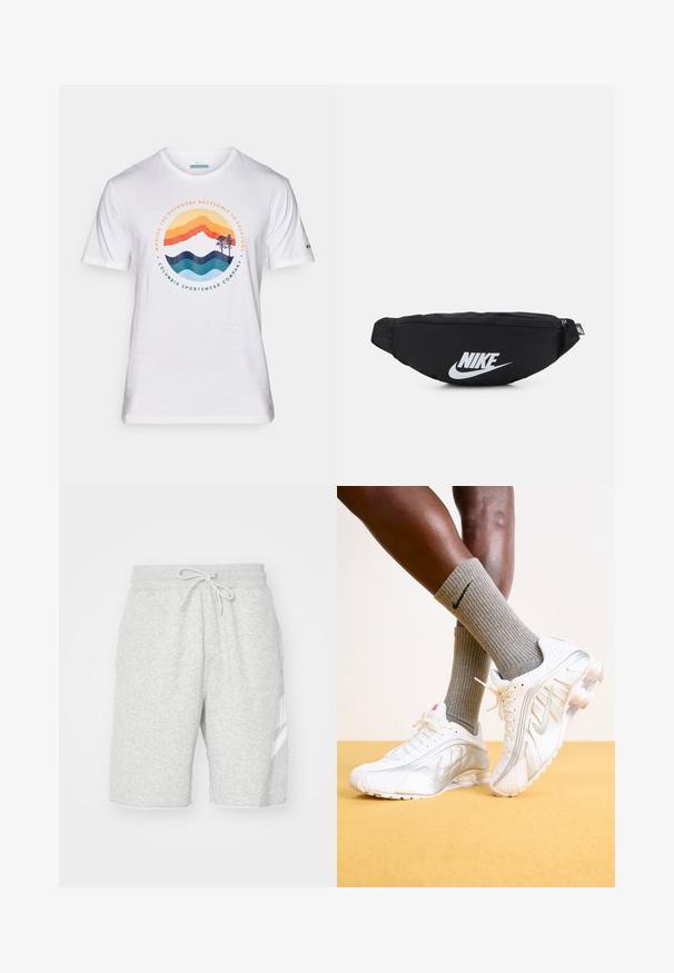 Valge puuvillane T-särk, millel on värviline mägede ja lainete graafika koos tekstiga, lamedat kraed, lühikesed varrukad ja Columbia logo varrukal.; Meeste hallid spordilühikesed püksid, mis on valmistatud pehmest puuvillast, elastse vöökoha ja paelaga, küljetaskute ning valge logo detailiga.; Nike tenisijad valgetes toonides, hõbedaste aktsentidega, tekstureeritud paneelide ja perforatsioonidega. Koos hallide ribadega sokkidega, kollasel taustal.; Must must sisaldav must nailonist vöötasku, millel on lukuga sulgemine ja suur valge Nike logo. Sile tekstuur ja ergonoomiline disain mugavaks kandmiseks.