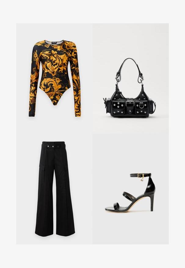 Juodas bodis ilgomis rankovėmis, papuoštas išskirtiniais auksiniais gėlių raštais ir aukštu iškirpimu ant kojų. Pagamintas iš lygaus audinio.; Juodos platėjančios kelnės su aukštu juosmeniu, turinčios dideles šonines kišenes, dvi priekinės mygtukus ir kilpelės detalę. Pagamintos iš tvirto audinio.; Juodas patentuotas odinis sandalai su trimis diržais, kulkšnies sagtimi ir 4 colių stiletto kulnu. Yra aukso detalės ir logotipo žavesys.; Juodas odinis rankinukas su kreiviu dizainu, su sidabro spalvos knopkėmis, užsegimu ir dviem šoninėmis kišenėmis. Reguliuojama dirželis nešimui.