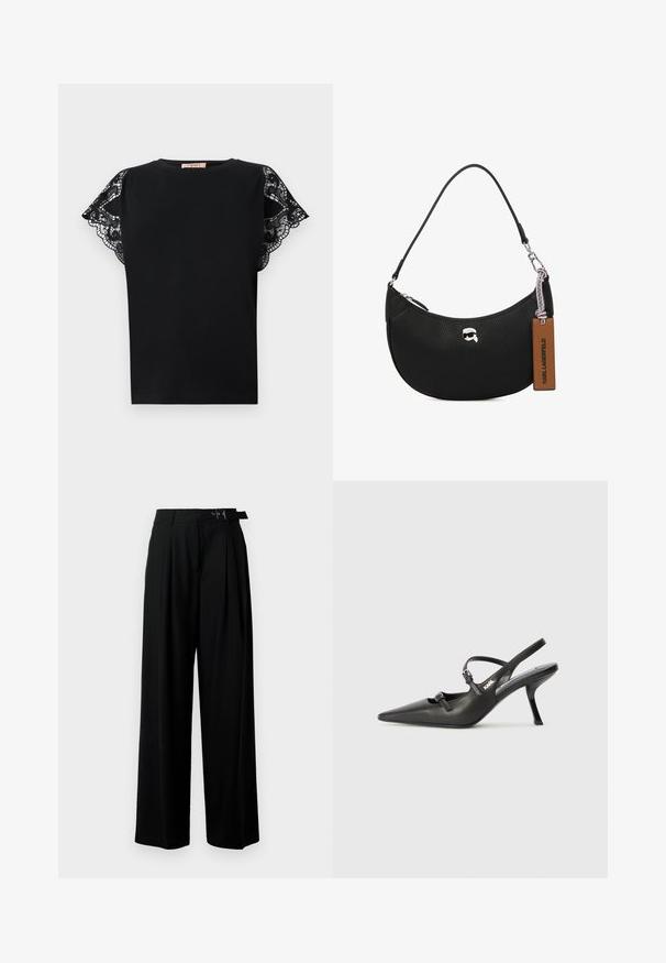 Sort t-shirt med korte ærmer i blød stof og detaljeret sort blonde på skuldrene, med et klassisk crew neck-design.; Sort vide-bein bukser med høj talje, læg foran og et bælte med spænde. Fremstillet af glat, let materiale.; Sorte læder slingback hæle med spids tå, slank hæl og dekorativ spænde detalje på vampen. Glat tekstur og strømlinet design.; Sorte læderhåndtaske med en pebret tekstur, buet form, top lynlåslukning, sølvfarvet hardware og et brunt mærke. Har logoaccent.