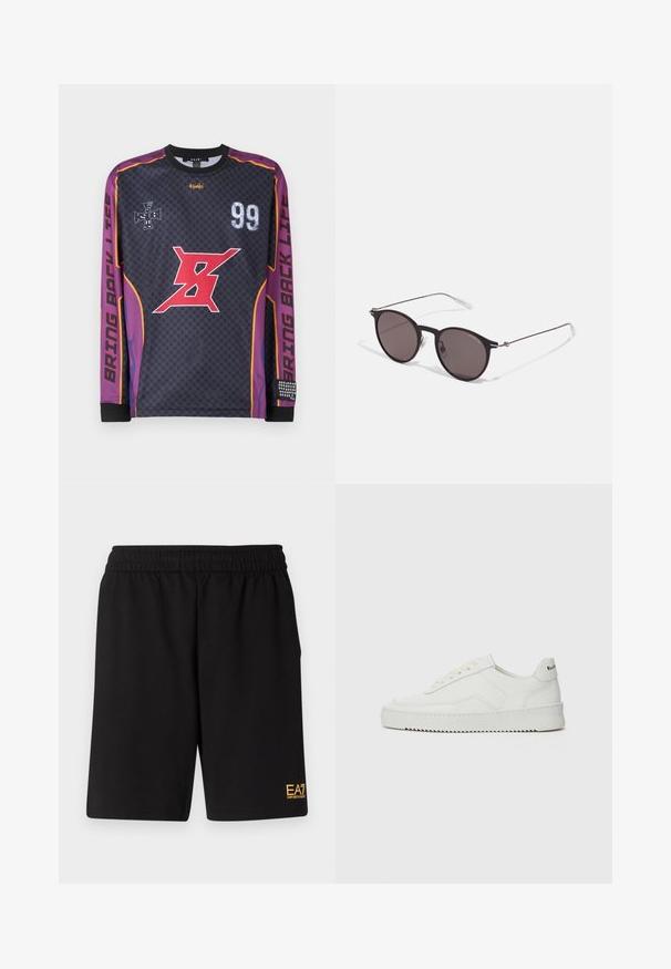 Langermet svart jersey med lilla detaljer, prydet med rød grafikk, "99" og teksten "BRING BACK LIFE", rutete mønster og teksturerte mansjetter.; Sorte treningsshorts laget av mykt stoff, med elastisk midje og en liten gul EA7-logo nederst på venstre ben.; Hvite lærersneakers med en jevn overflate, rund tå, flate lisser og en teksturert såle. Har en subtil logo på hælen.; Sorte, runde solbriller med mørke linser og slanke metalarmer. Inkluderer klare temple tips og sølvfargede detaljer ved hengslet. Minimalistisk design.