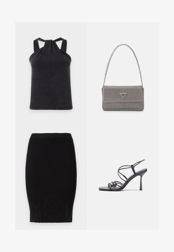 Czarny top na halter wykonany z gładkiego materiału, z detalem w postaci węzła przy dekolcie i szerokimi ramiączkami łączącymi się z tyłem.; Czarna żebrowana spódnica dzianinowa z gładkim pasem i dekoracyjnymi, teksturowanymi detalami na końcu. Posiada dopasowany krój.; Czarne sandały na wysokim obcasie mają cienkie paski z węzłowym wzorem, gładki, kwadratowy czubek i smukły obcas w stylu szpilki.; Jasnoszara metaliczna torebka na łańcuszku, ozdobiona małymi okrągłymi metalowymi ćwiekami oraz trójkątnym logo marki.; Srebrne kolczyki na biglu o gładkim, błyszczącym wykończeniu. O zaokrąglonym kształcie, lekkim designie, z zamknięciem na zatrzask.