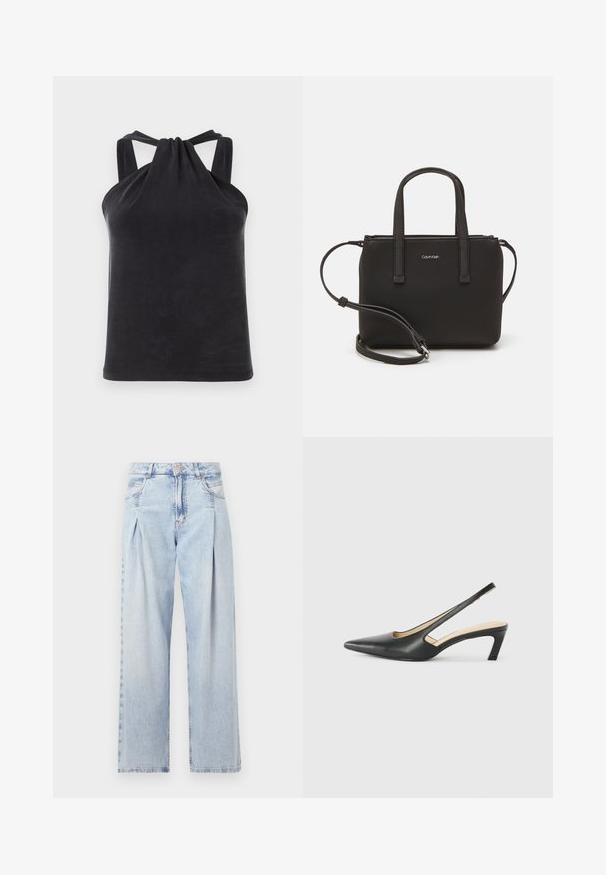 Top negro tipo halter hecho de tela suave, que presenta un detalle de nudo en el escote y tirantes anchos que se conectan en la espalda.; Jeans de mezclilla azul claros con cintura alta, corte de pierna ancha, dos bolsillos laterales y un diseño plisado. Textura suave con un acabado deslavado.; Zapato negro de punta afilada tipo slingback con un tacón bajo, que presenta un material de cuero suave y un diseño recortado en el lateral para mayor transpirabilidad.; Bolso de mano negro con dos asas cortas y una correa de hombro removible. Material suave tipo cuero con cierre de cremallera y detalle del logo.