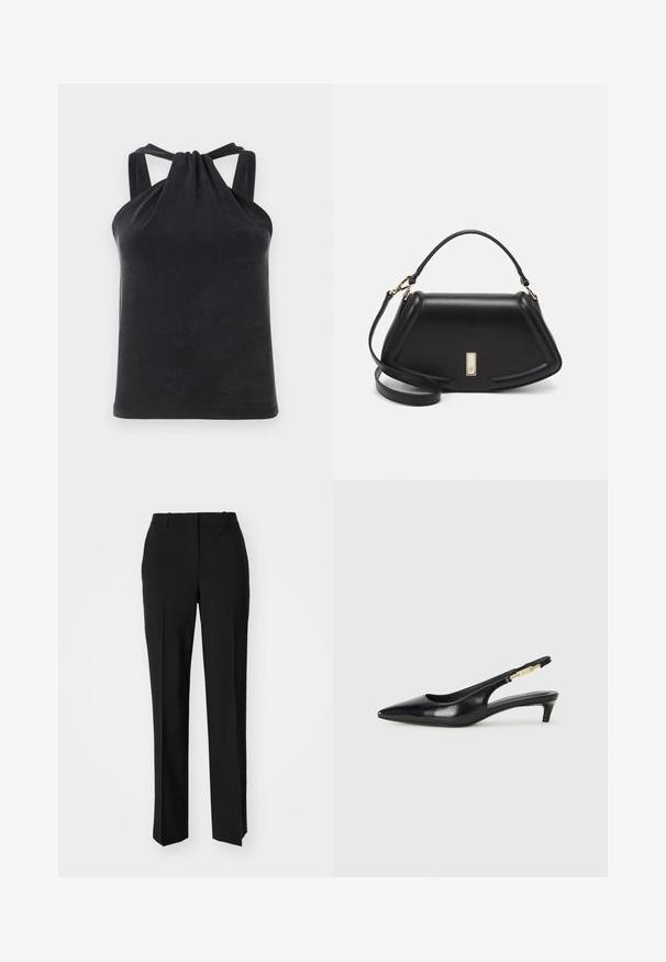 Svart halterneck-top laget av glatt stoff, med en knute-detalj ved halsutskjæringen og brede stropper som går til ryggen.; Sorte skreddersydde bukser med rett silhuett, med en glatt tekstur og klare pressede bretter foran. Ingen synlig maskinvare.; Sorte lærreim hæler med spiss tå, som har en slank hæl og en gullfarget detalj på den justerbare stroppen. Glatt tekstur.; Sort lærveske med en strukturert design, som har en avkortet form, topphåndtak og detaljer i gull. Justerbar skulderstropp inkludert.