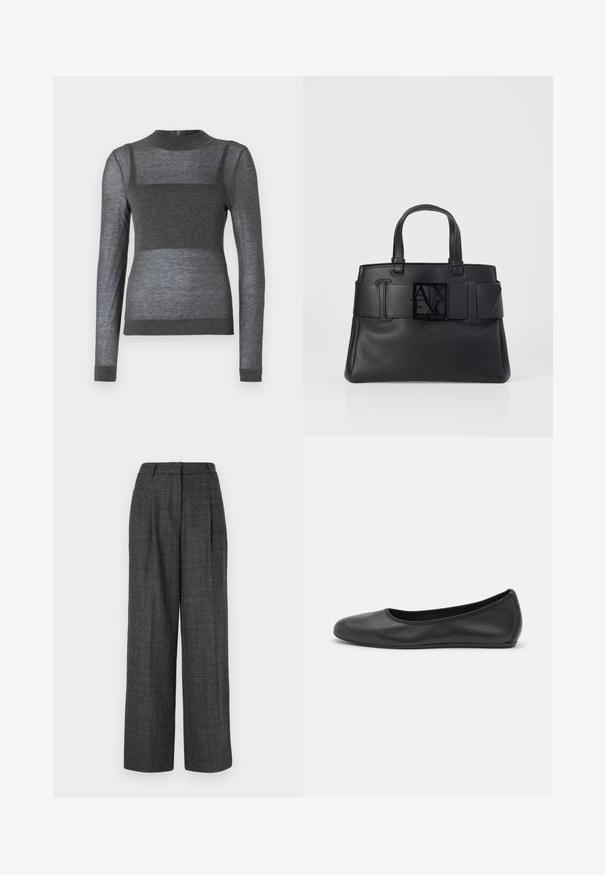 Gray long-sleeve top made of lightweight fabric featuring a ribbed crew neck and a semi-sheer striped design across the torso.; Gray wide-leg trousers with a textured fabric, featuring front pleats, a high waistband, and a tailored cut for a structured appearance.; Black leather ballet flat with a rounded toe, smooth texture, minimal stitching detail, and a flexible sole design.; Black leather tote bag featuring a textured finish, wide strap with a buckle detail, and a square logo on the front. Two top handles.