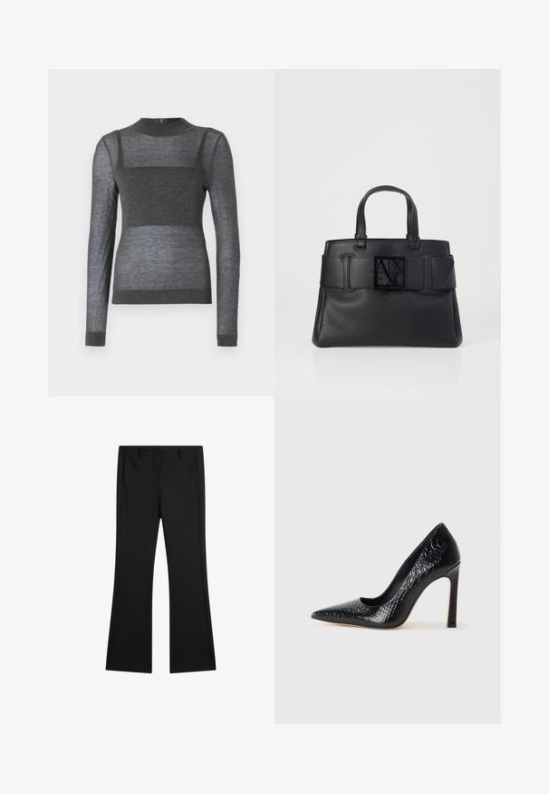 Maglia grigia a maniche lunghe realizzata in tessuto leggero, con colletto a girocollo ribbed e un design a strisce semi-trasparenti sul torso.; Pantaloni neri svasati realizzati in tessuto liscio, con tasche anteriori e una vestibilità su misura, dotati di pieghe stiro per un aspetto curato.; Scarpa nera con punta a punta alta in pelle di coccodrillo, caratterizzata da un design elegante, alto tacco a spillo e interno nero liscio.; Borsa tote in pelle nera con finitura texture, ampia tracolla con dettaglio fibbia e logo quadrato sul davanti. Due manici superiori.