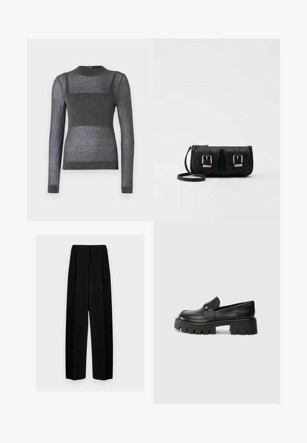 Szary, długi rękaw, wykonany z lekkiego materiału, z prążkowanym okrągłym dekoltem i półprzezroczystym, paskowanym wzorem na torsie.; Czarne spodnie o szerokich nogawkach z wysokim stanem, z plisami i gładką teksturą. Materiał wydaje się lekki i elegancko się układa.; Czarne skórzane loafersy z masywną podeszwą, z akcentem w kolorze złota z przodu i gładkim wykończeniem. Masywna podeszwa z ciekawym wzorem.; Czarna skórzana torba na ramię z dwoma przednimi kieszeniami, złotymi klamrami, zamkiem błyskawicznym i cienkim paskiem. Teksturowana powierzchnia i kompaktowy prostokątny kształt.