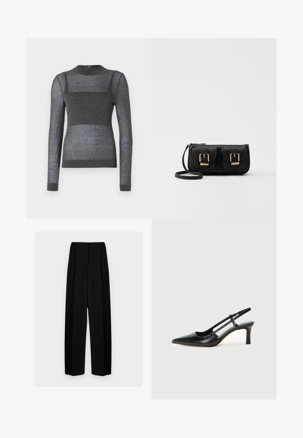 Szürke, hosszú ujjú felső, könnyű anyagból készült, bordázott kerek nyakkal és félig átlátszó csíkos mintával a törzsön.; Fekete, széles szárú nadrág magas derékkal, redők és sima textúra jellemzi. Az anyag könnyűnek tűnik és elegánsan hullámzik.; Fekete lakk slingback sarok, hegyes orral, texturált kígyómintával, állítható pánttal és rövid, texturált tömbsarkal.; Fekete bőr keresztbody táska két elülső zsebbel, arany csattokkal, cipzáras záródással és vékony pánttal. Textúrált felület és kompakt téglalap alak.