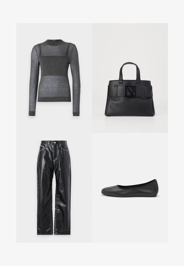 Šedé tričko s dlhými rukávmi vyrobené z ľahkého materiálu s rebrovaným okrúhlym výstrihom a polopriesvitným prúžkovaným dizajnom na trupe.; Čierne nohavice z faux kože so širokým strihom, s bielym prešívaním, prednými vreckami a zlatým gombíkom na páse.; Čierne kožené baleríny s okrúhlou špičkou, hladkým povrchom, minimálnym prešívaním a flexibilným dizajnom podrážky.; Čierna kožená taška na rameno s textúrovaným povrchom, širokým popruhom s detailom pracky a štvrtovým logom na prednej strane. Dve horné uši.