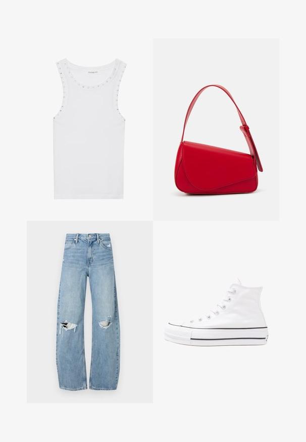 White sleeveless tank top made of cotton, featuring a round neckline adorned with silver studs along the shoulders for added detail.; Light blue, high-waisted jeans made of denim. Feature wide legs, two torn knee areas, and classic five-pocket styling.; White high-top canvas sneaker with black rubber sole, front rubber toe cap, and six eyelets for laces, featuring a clean, minimalist design.; Red leather handbag with an angular, geometric design. Features a single adjustable strap and a flap closure with stitched detailing.