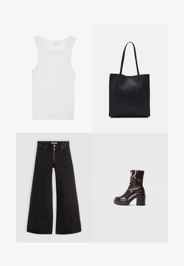 Valge ilma varrukateta t-särk, mis on valmistatud puuvillast, ümmarguse kaeluse ja hõbedaste nurgatagustega õlgadel, et lisada detaili.; Laiad teksad mustast denimist, millel on lukuga eesmine osa, viie taskuga disain ja peened õmblusdetailid. Sile tekstuur ja juhuslik stiil.; Klakav läikiv burgundi värvi pahkluu saabas, millel on paks must konts, sile tekstuur ja lihtne disain. Nähtavad kinnitused või mustrid puuduvad.; Mustast nahast kott sujuva tekstuuriga, ristkülikukujuline ja kahe pika sangaga. Pole nähtavat riistvara ega kaunistusi.