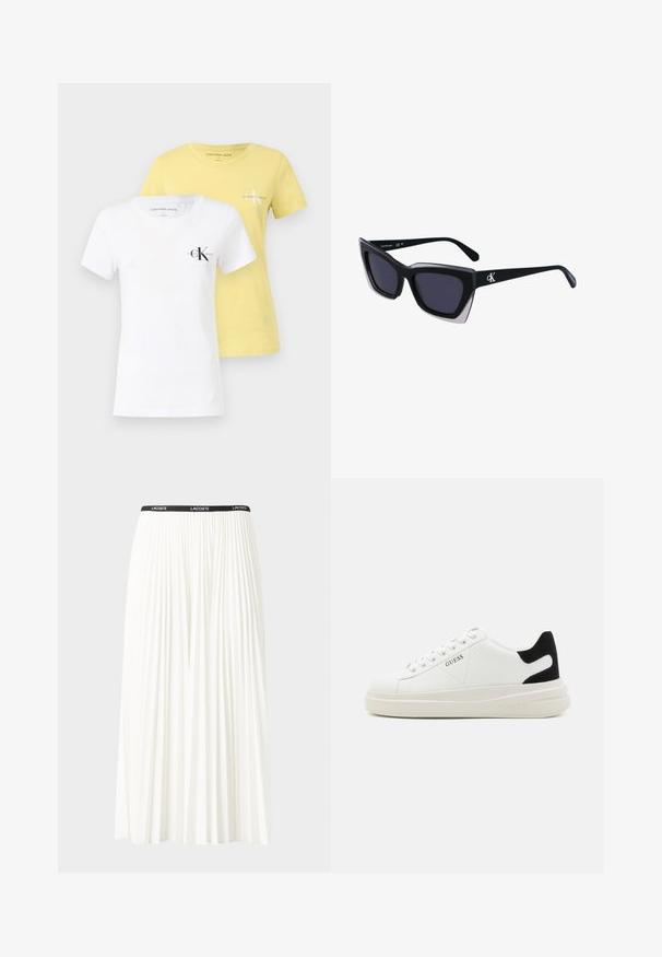 Zwei T-Shirts: eines weiß und eines gelb, beide kurzärmlig mit Rundhalsausschnitten. Jedes trägt das "Calvin Klein Jeans"-Logo auf der Brust.; Faltenrock aus Weiß mit einem schwarzen elastischen Bund, der das "LACOSTE"-Logo trägt. Mittellanges Design mit weicher Textur.; Weiße Leder-Sneaker mit einer dicken weißen Sohle, schwarzem Wildlederakzent an der Ferse und geprägtem Logo an der Seite. Schnürdesign mit sechs Ösen.; Schwarze übergroße Sonnenbrille mit geometrischer Form, ausgestattet mit dunklen Gläsern und einem kontrastierenden grauen Detail im Rahmen. Logo am Bügel.